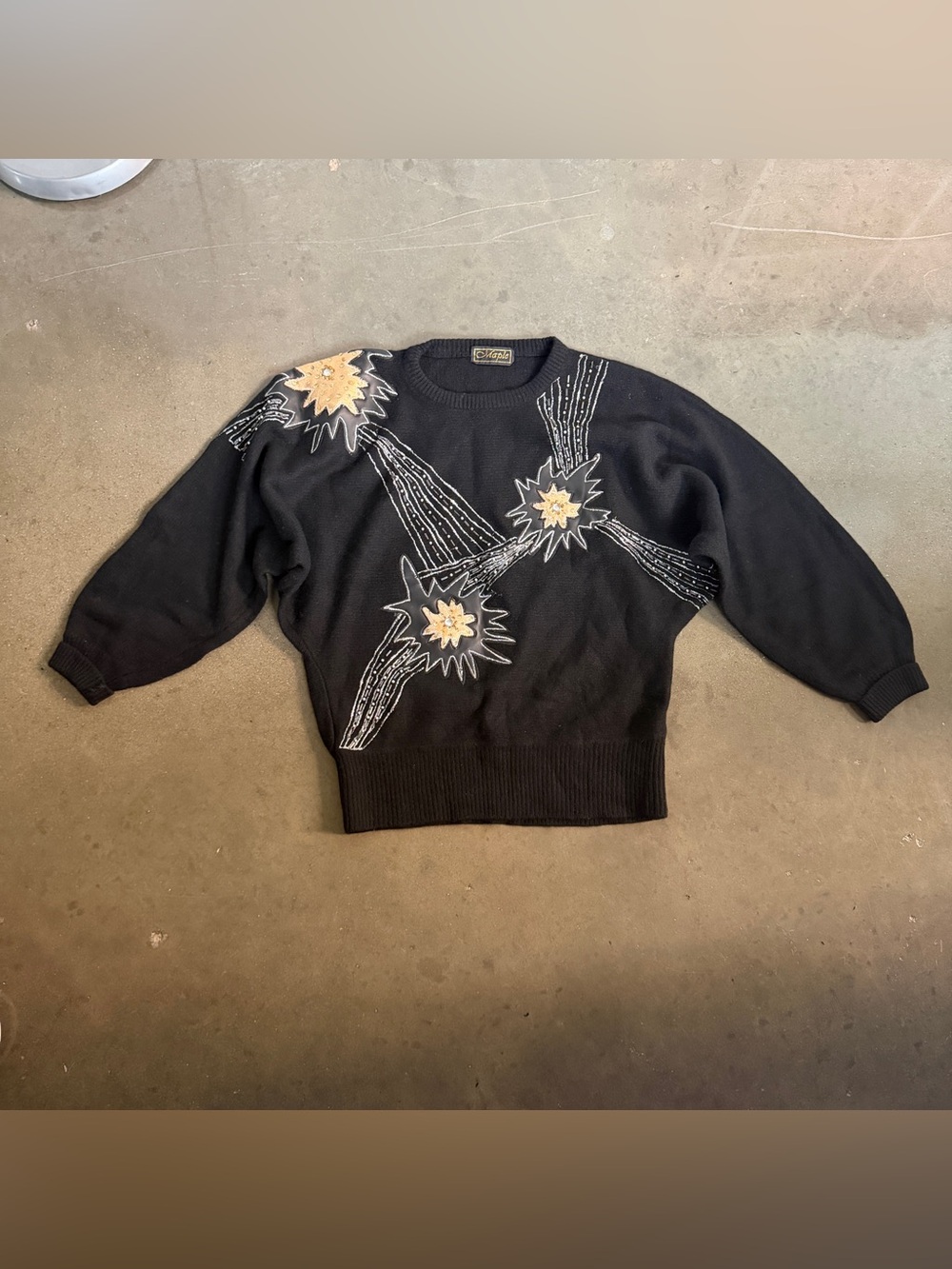 VTG 90s Black Crewneck Sweater with Starburst Embroidered Appliqués